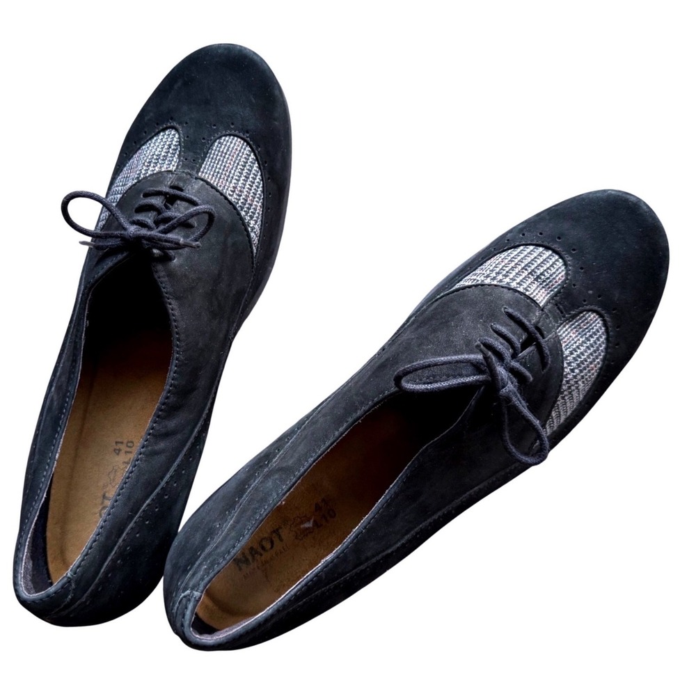 Naot Black and Silver Suede Lace-Up Flats